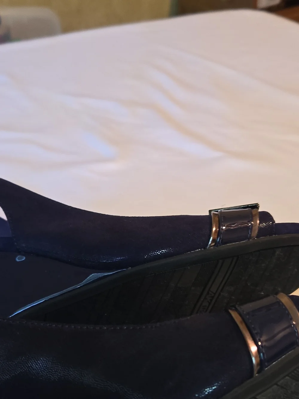 Anne Klein Blue Wedge Slingback Sandals with Gold Accent